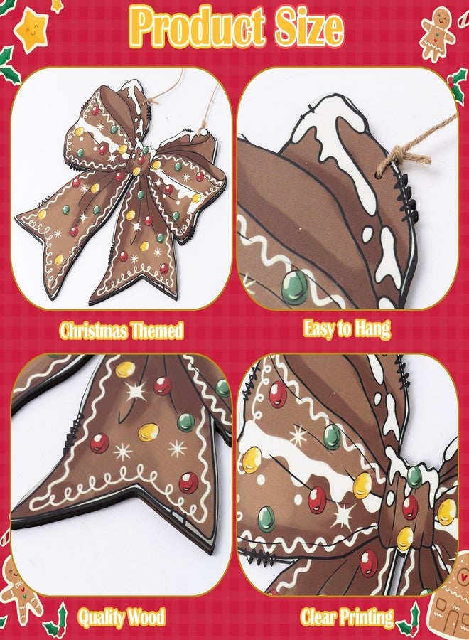 Eartim Christmas Bow Gingerbread Wooden Door Sign - Coquette Bow Gingerbread Pattern Wood Hanging Welcome Sign Vintage Wall Art Door Hanger for Girl Room College Dorm Apartment Porch Photo Props Decor - Image 3